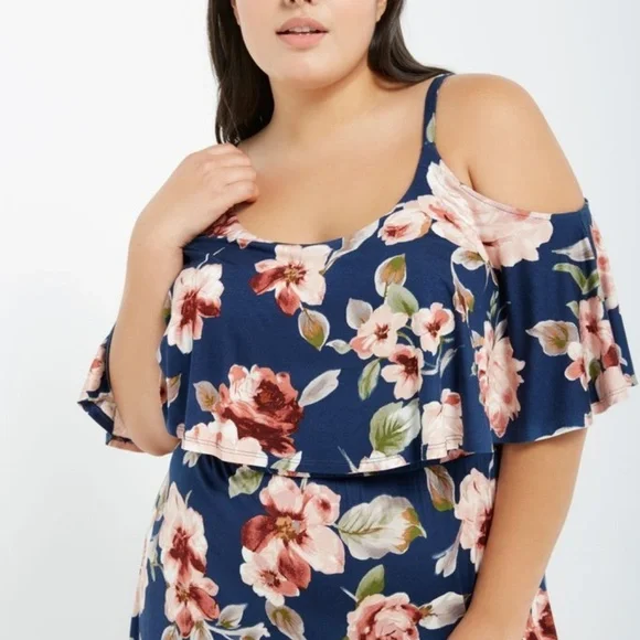 NWT Fall Floral Cold Shoulder Ruffle Maxi Dress - Picture 3 of 3